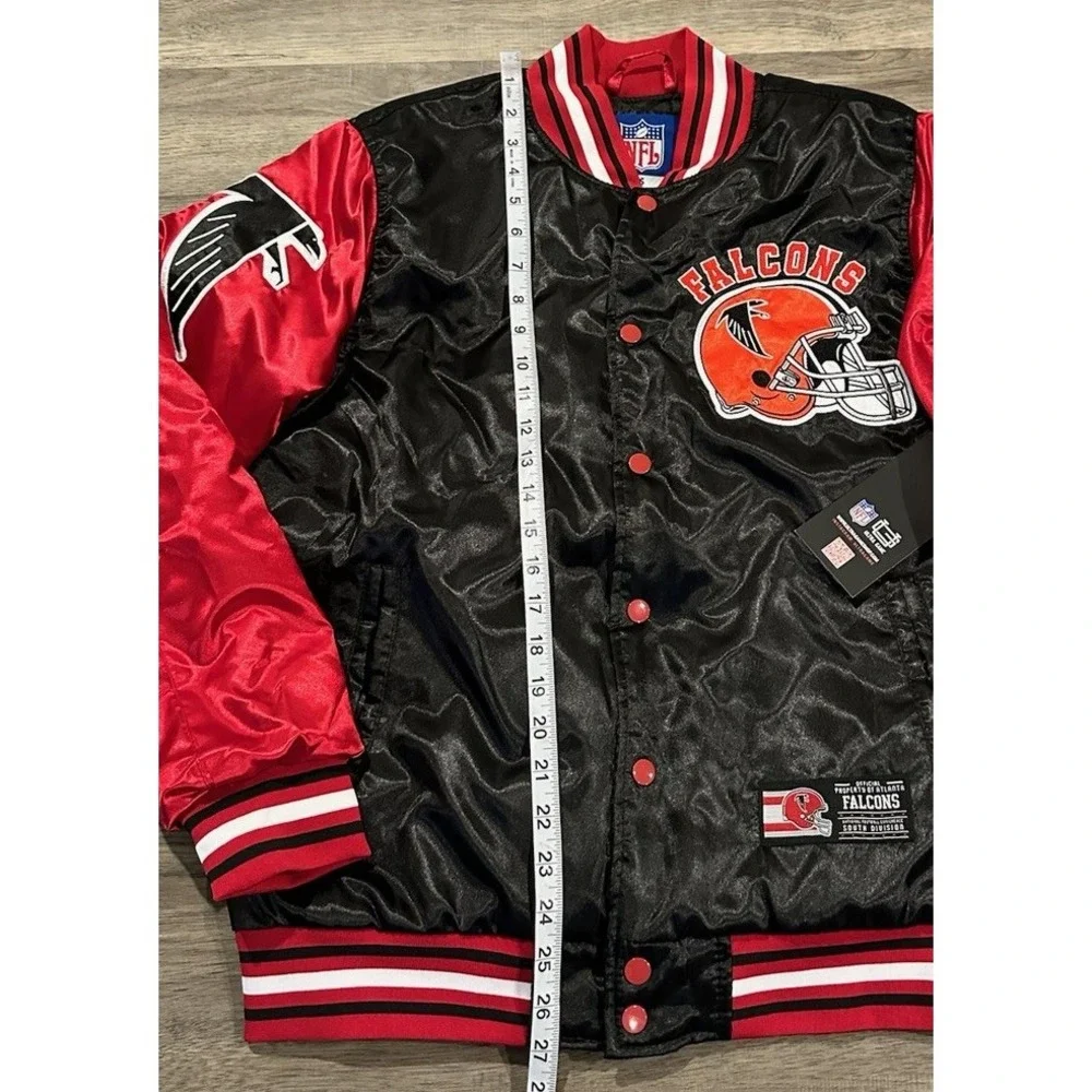 Atlanta Falcons Jacket Mens Small Black Red Satin Varsity Bomber Coat Retro NFL - Picture 6 of 7